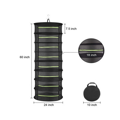 Skersmuo 60cm 2/4/6/8 sluoksnių džiovinimo lentyna tinklelis žolelių džiovinimo juodas tinklelis pakabinamas džiovintuvo stovas su užtrauktuku augalų hidroponikos gėlėms