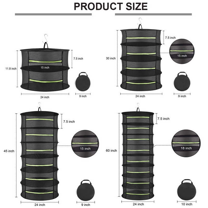 Skersmuo 60cm 2/4/6/8 sluoksnių džiovinimo lentyna tinklelis žolelių džiovinimo juodas tinklelis pakabinamas džiovintuvo stovas su užtrauktuku augalų hidroponikos gėlėms