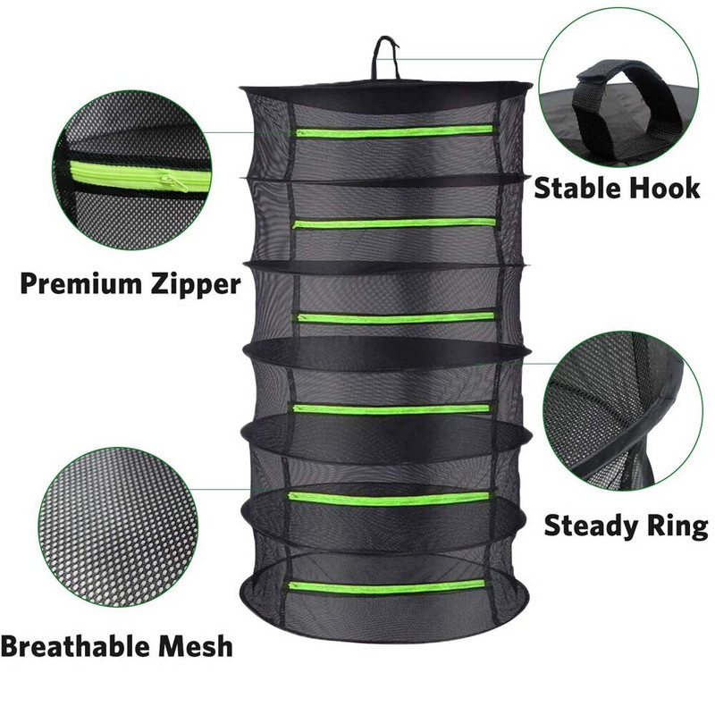 Skersmuo 60cm 2/4/6/8 sluoksnių džiovinimo lentyna tinklelis žolelių džiovinimo juodas tinklelis pakabinamas džiovintuvo stovas su užtrauktuku augalų hidroponikos gėlėms