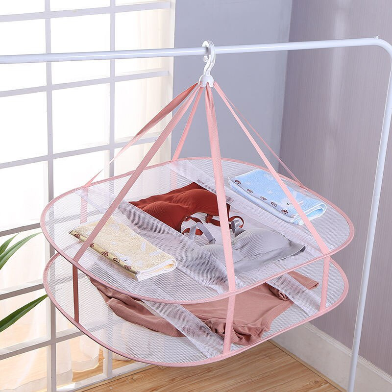 Rožinis džiovinimo tinklelis pakabinamas drabužių krepšelis, atsparus vėjui, kvėpuojantis daugiasluoksnis stačiakampis plokščias džiovinimo tinklelis, kojinės, megztiniai, džiovinimo lentyna