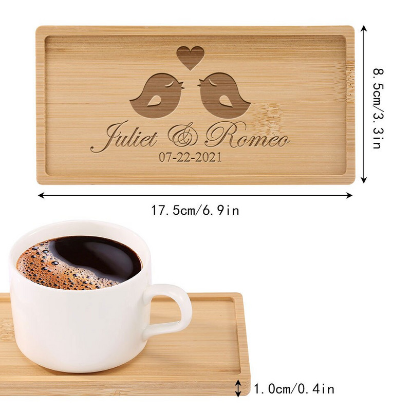 Testreszabható gravírozott szöveg/logó téglalap bambusz alátét Mini desszerttálca Személyre szabott ajándékok Asztali dekor szigetelt alátétek