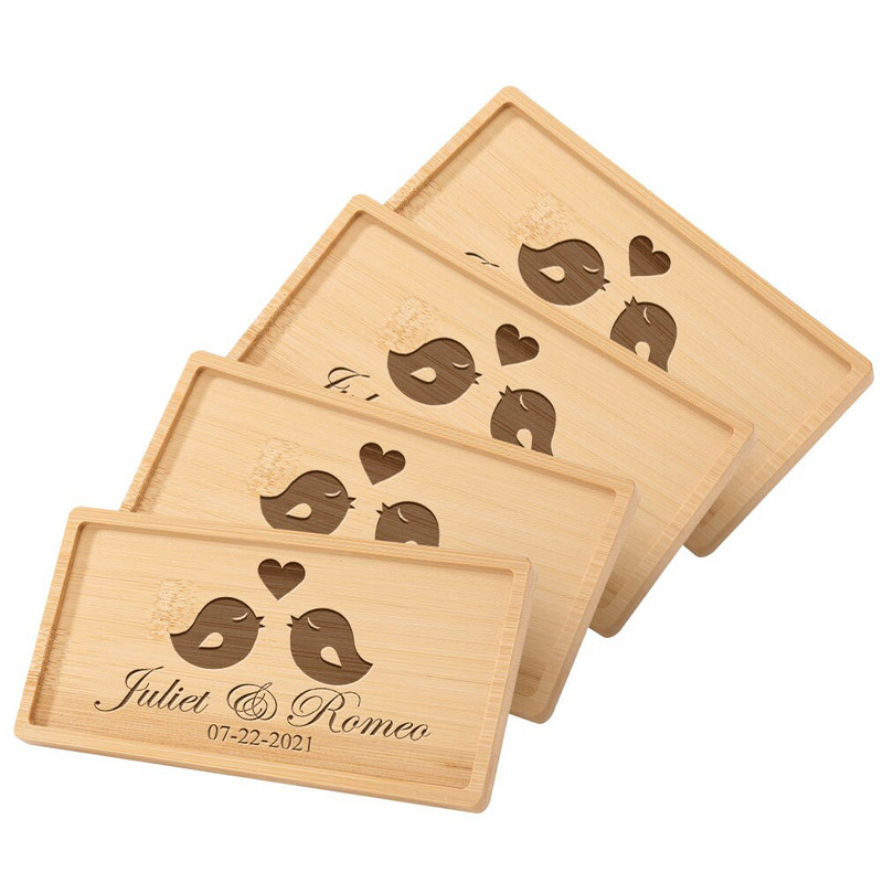 Testreszabható gravírozott szöveg/logó téglalap bambusz alátét Mini desszerttálca Személyre szabott ajándékok Asztali dekor szigetelt alátétek