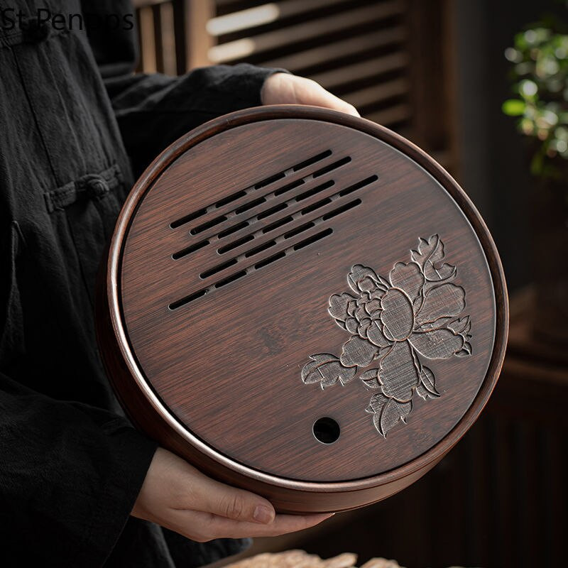 Capacitate mare de stocare a apei Tavă de ceai din bambus Tavă rotundă pentru ceai Set de ceai chinezesc Kung-Fu Instrumente tradiționale de ceai din bambus de epocă