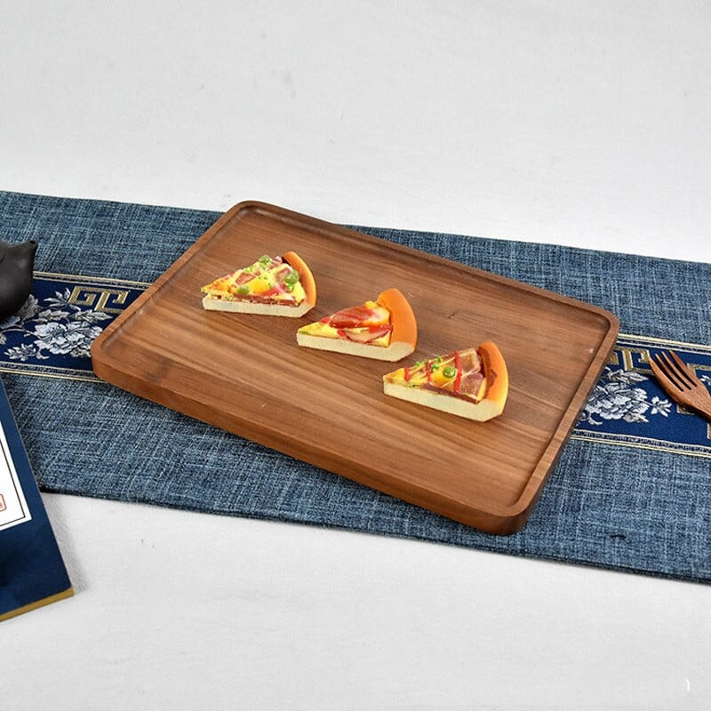 1PC Поднос за сервиране от акациево дърво Квадратна правоъгълна закуска Суши Снек Хляб Десертна чиния за торта с лесна за носене набраздена дръжка