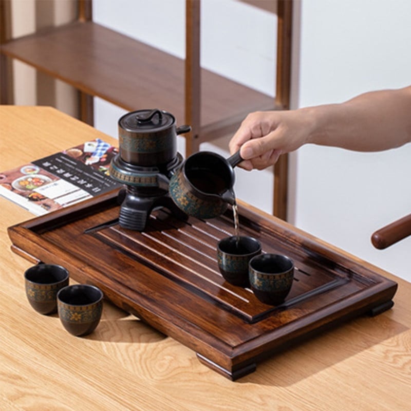 Stačiakampis natūralaus bambuko medžio arbatos padėklas Kinų arbatos kambarys Drenažo vandens laikymo arbatos rinkinys Paprastas graikinių riešutų arbatos stalas