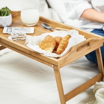 Преносим бамбуков поднос за нощувка и закуска, сгъваем бюро за лаптоп, маса за сервиране на храна, кафе, държач за маса за пикник, маса за къмпинг на открито