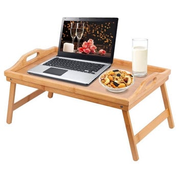 Преносим бамбуков поднос за нощувка и закуска, сгъваем бюро за лаптоп, маса за сервиране на храна, кафе, държач за маса за пикник, маса за къмпинг на открито