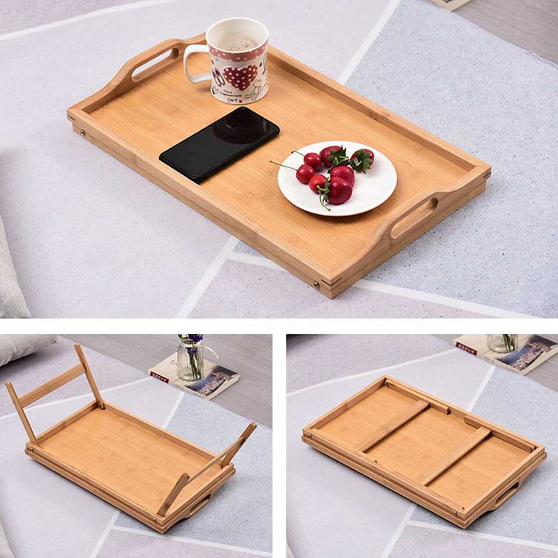 Преносим бамбуков поднос за нощувка и закуска, сгъваем бюро за лаптоп, маса за сервиране на храна, кафе, държач за маса за пикник, маса за къмпинг на открито