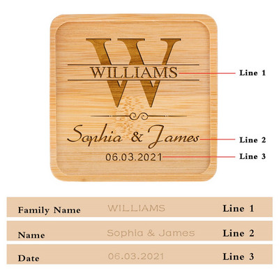 Персонализирана подложка за напитки Парти за годишнина Housewarming Декорация на маса Квадратни бамбукови подложки Персонализирани поставки за чаши Подаръци