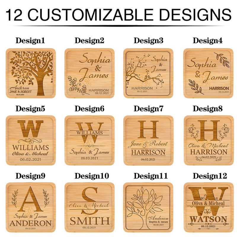 Персонализирана подложка за напитки Парти за годишнина Housewarming Декорация на маса Квадратни бамбукови подложки Персонализирани поставки за чаши Подаръци