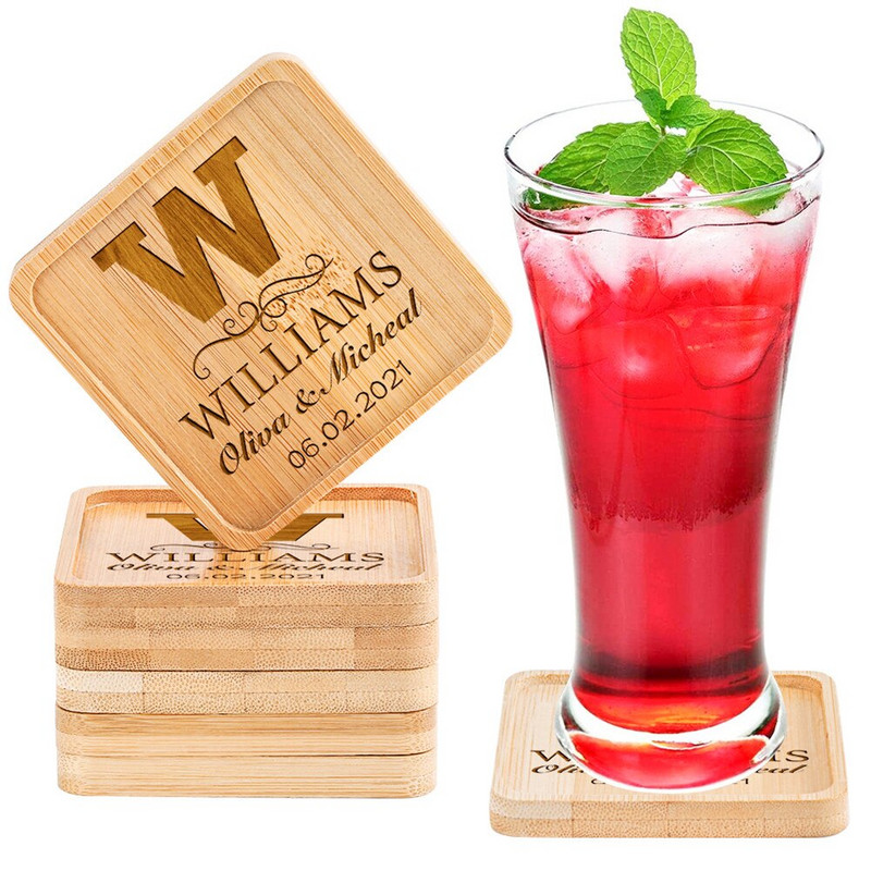 Персонализирана подложка за напитки Парти за годишнина Housewarming Декорация на маса Квадратни бамбукови подложки Персонализирани поставки за чаши Подаръци