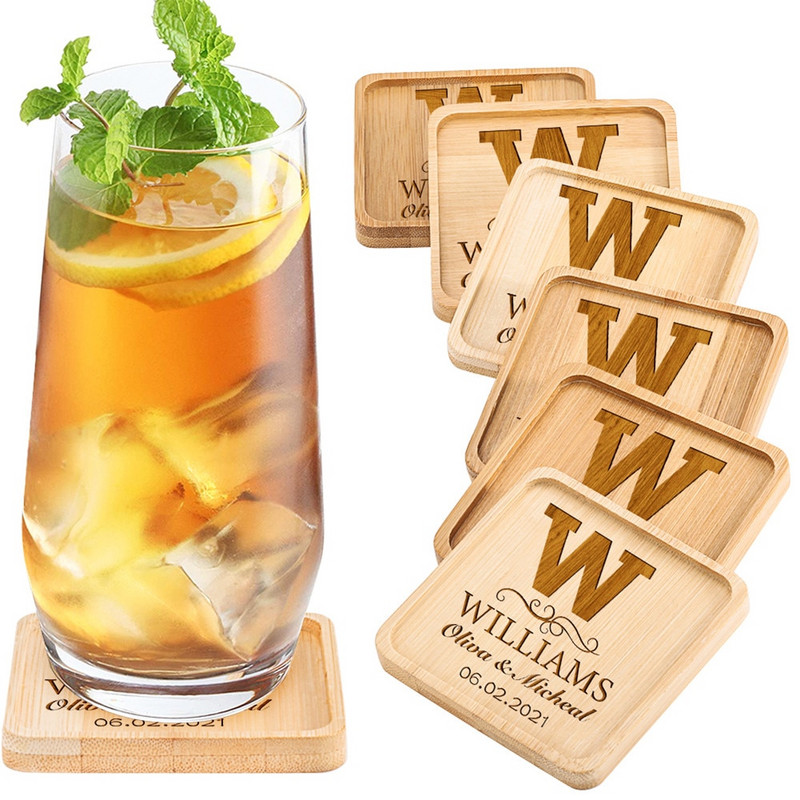 Персонализирана подложка за напитки Парти за годишнина Housewarming Декорация на маса Квадратни бамбукови подложки Персонализирани поставки за чаши Подаръци