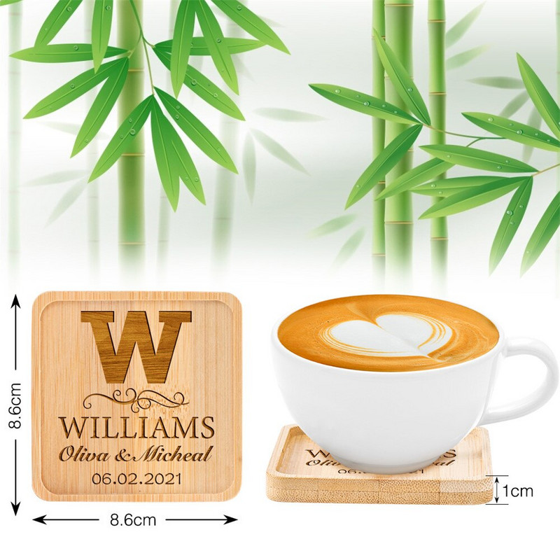 Персонализирана подложка за напитки Парти за годишнина Housewarming Декорация на маса Квадратни бамбукови подложки Персонализирани поставки за чаши Подаръци