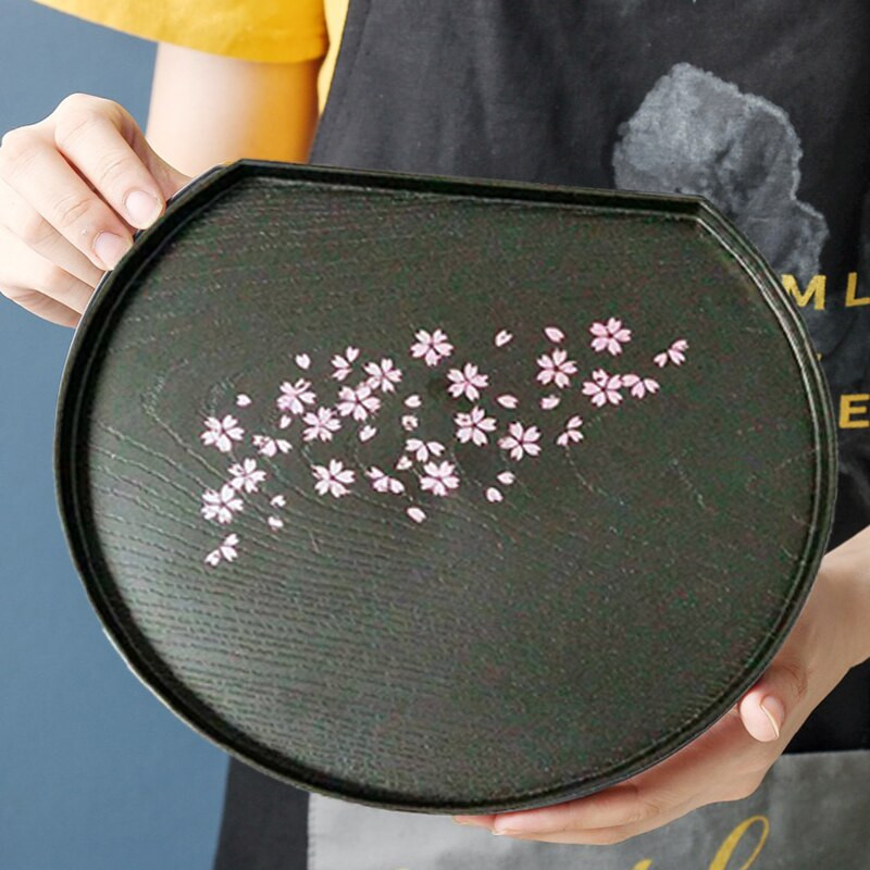 Japonský čajový stolík, kung-fu čajový tácok, tanier s čerstvým ovocím, čierna obdĺžniková kruhová živicová servírovacia paleta, čajový obrad, čajová súprava