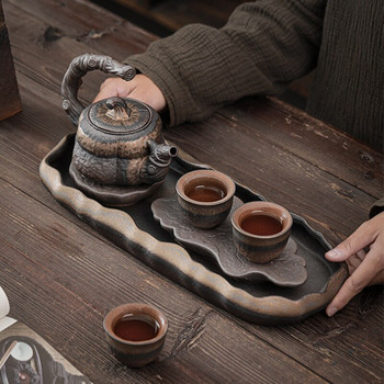 Винтидж каменинови изделия Kung Fu Чаен комплект Позлатено езерце с лотос Поднос за чай Тип съхранение на вода Сух сервиз за чай Керамична поднос за чайник Комплект за чай Поставка за саксия