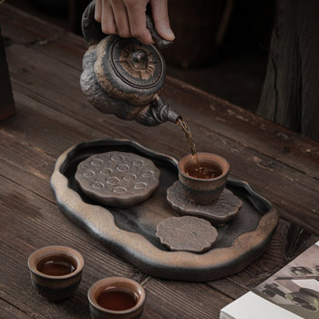 Винтидж каменинови изделия Kung Fu Чаен комплект Позлатено езерце с лотос Поднос за чай Тип съхранение на вода Сух сервиз за чай Керамична поднос за чайник Комплект за чай Поставка за саксия