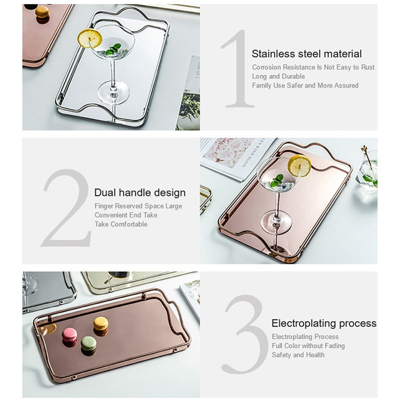 Téglalap alakú tálca fogantyúval Desszert kávé tálaló tálcák Rozsdamentes acél tükör tálca teástál asztal Dekoratív konyhai kellékek