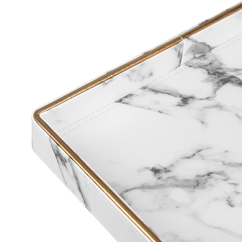 Голям златен ръб Поднос за сервиране Мраморна PU кожа Комплекти за чаши за чай Поднос Кухненска кутия за съхранение Плодове Храна Поставка за чаши Поднос Декорация на дома