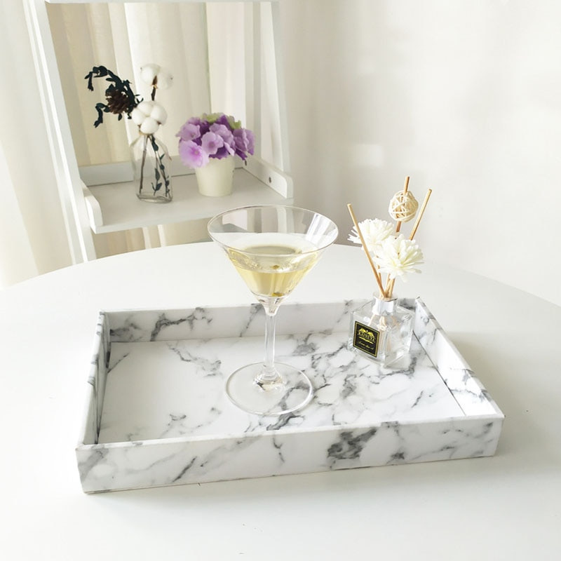 Голям златен ръб Поднос за сервиране Мраморна PU кожа Комплекти за чаши за чай Поднос Кухненска кутия за съхранение Плодове Храна Поставка за чаши Поднос Декорация на дома