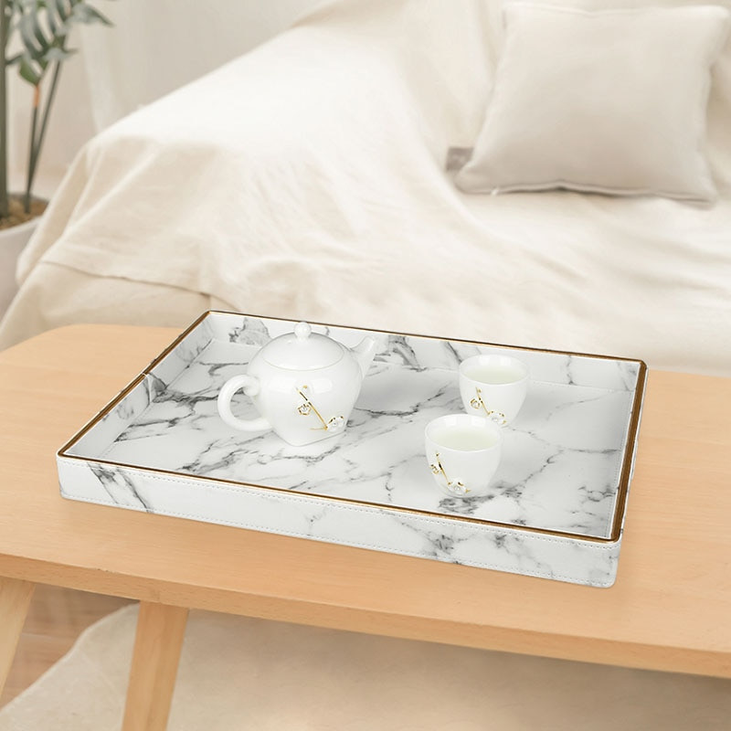Голям златен ръб Поднос за сервиране Мраморна PU кожа Комплекти за чаши за чай Поднос Кухненска кутия за съхранение Плодове Храна Поставка за чаши Поднос Декорация на дома