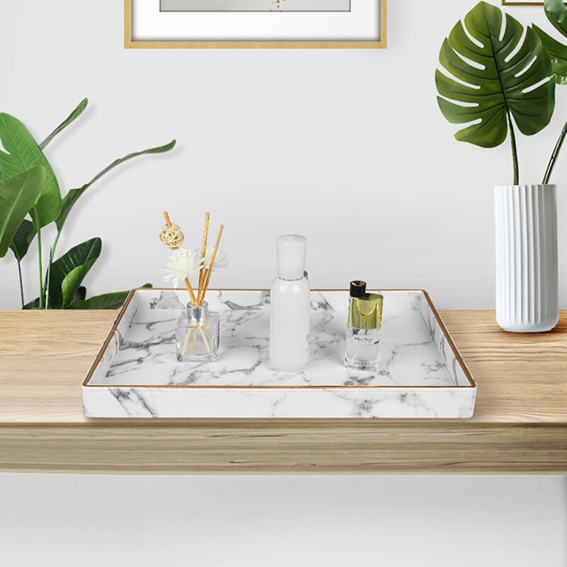 Голям златен ръб Поднос за сервиране Мраморна PU кожа Комплекти за чаши за чай Поднос Кухненска кутия за съхранение Плодове Храна Поставка за чаши Поднос Декорация на дома
