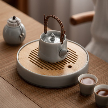 Кръгли подноси за чай Бамбуков китайски декор Керамична основа за чайник Всекидневна Сиви подноси Комплект за чайна церемония Kung Fu