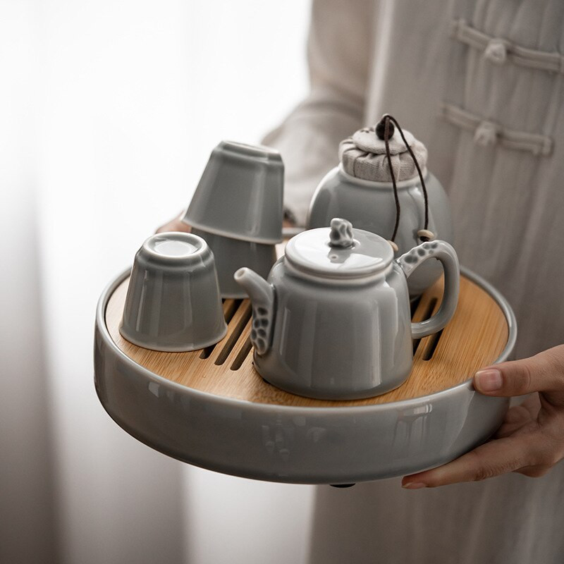 Tavi rotunde pentru ceai Decor chinezesc din bambus Baza pentru ceainic din ceramica Sufragerie Tavi gri Set pentru ceremonie de ceai Kung Fu