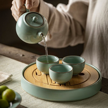 Лазурно порцеланово съхранение на вода Маса за сухо варене Нова пещ за пещ Бамбуков капак Саксия Лагер Малък поднос за чай Китайска кунг-фу чаена церемония