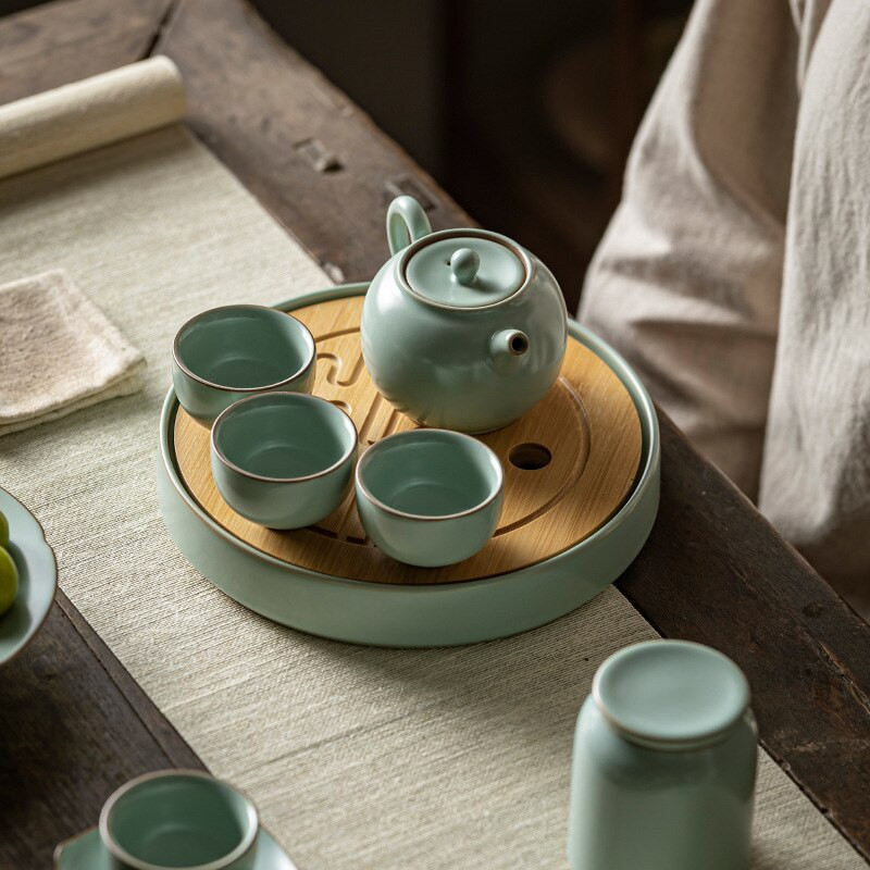 Azúrový porcelánový zásobník vody na suchý varný stôl, nový Ru pec, bambusový kryt, hrniec s ložiskom, malý čajový podnos, čínsky kung-fu čajový obrad