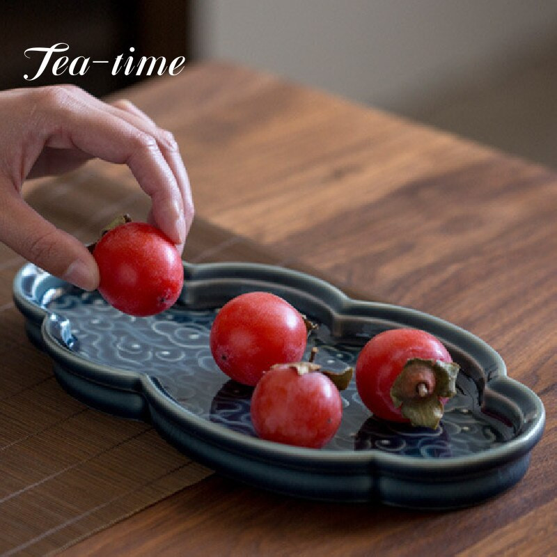 Disc din ceramică cu becuri uscate, în relief japonez, cu purtător Jingdezhen, farfurie pentru ceai Celadon, cu becuri uscate, cu fructe, pentru gustare, farfurie de servire, tavă de ceai