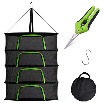 2Ft gyógynövény szárító állvány növény függesztett hálós száraz háló Zöld U típusú cipzárral fűszernövény szárításához, kampóval, metszőollóval
