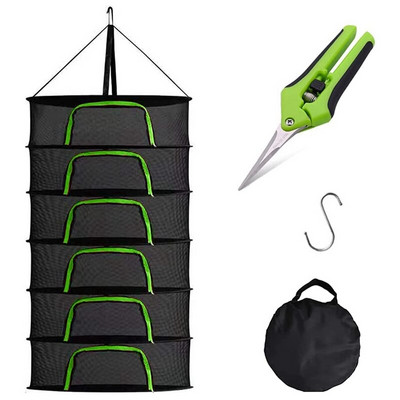 2Ft gyógynövény szárító állvány növény függesztett hálós száraz háló Zöld U típusú cipzárral fűszernövény szárításához, kampóval, metszőollóval