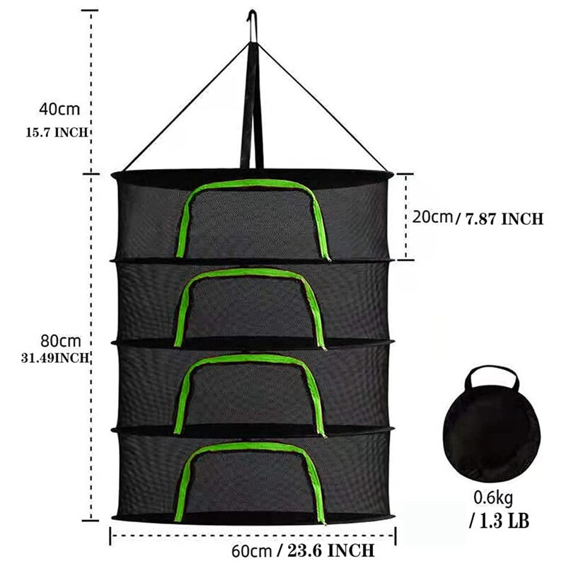 2Ft gyógynövény szárító állvány növény függesztett hálós száraz háló Zöld U típusú cipzárral fűszernövény szárításához, kampóval, metszőollóval