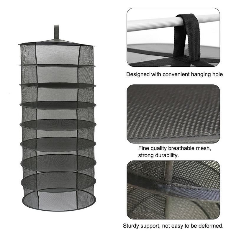 4/6/8 sluoksnių kabantis krepšelis sulankstomas džiovinimo tinklelis Žolelių sauso tinklelio atidarymo forma Džiovinimo maišelis tinklelis 600 mm skersmuo žolelių gėlėms