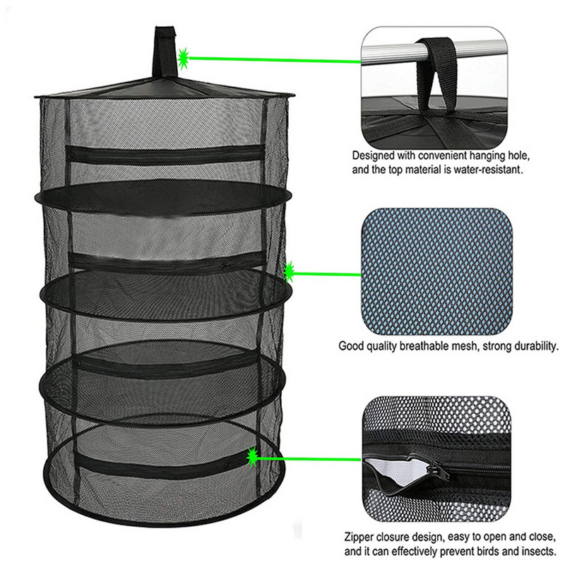 Viseći stalak za sušenje bilja, 4 sloja, mrežasti stalak za sušenje korova, viseći sklopivi viseći mrežasti s otvorom na patentni zatvarač za sušenje bilja