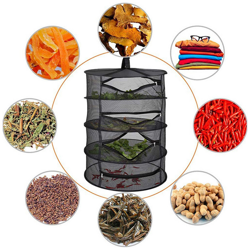 Viseći stalak za sušenje bilja, 4 sloja, mrežasti stalak za sušenje korova, viseći sklopivi viseći mrežasti s otvorom na patentni zatvarač za sušenje bilja