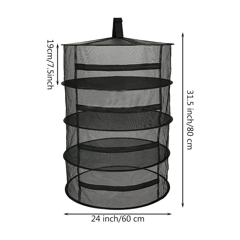 Viseći stalak za sušenje bilja, 4 sloja, mrežasti stalak za sušenje korova, viseći sklopivi viseći mrežasti s otvorom na patentni zatvarač za sušenje bilja