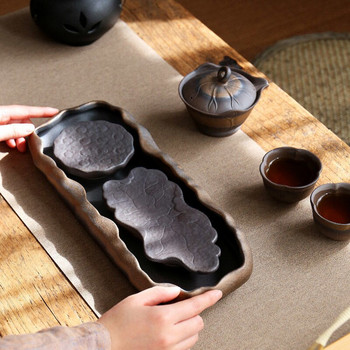 Ретро поднос за чай за декорация Подноси от груба керамика Керамика Езеро с лотос Китайски сервиз за чай Маса за кафе Сервизна дъска за сервиране на прибори за чай Трапезария