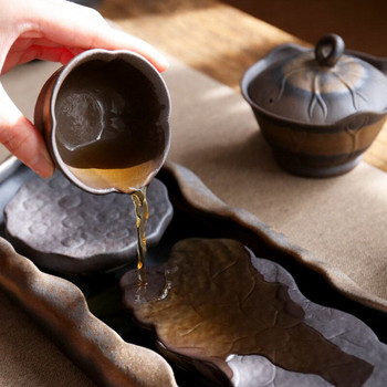 Ретро поднос за чай за декорация Подноси от груба керамика Керамика Езеро с лотос Китайски сервиз за чай Маса за кафе Сервизна дъска за сервиране на прибори за чай Трапезария