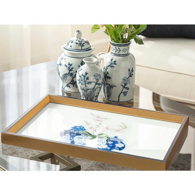 English Home Bambusový sklenený dekoratívny podnos 31x46cm Elegantný štýlový bytový dekoratívny produkt Podnos do obývačky Obývacia izba Salónik