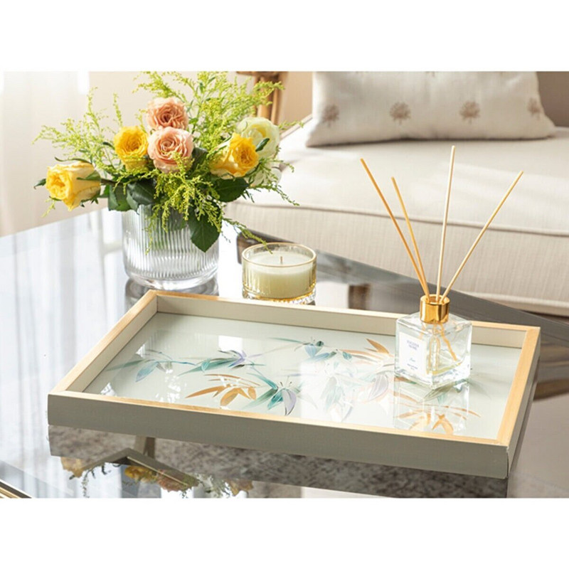 English Home Bambusový sklenený dekoratívny podnos 31x46cm Elegantný štýlový bytový dekoratívny produkt Podnos do obývačky Obývacia izba Salónik