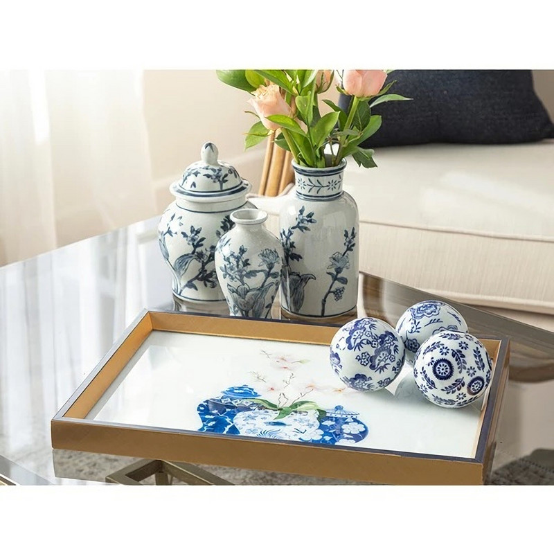 English Home Bambusový sklenený dekoratívny podnos 31x46cm Elegantný štýlový bytový dekoratívny produkt Podnos do obývačky Obývacia izba Salónik