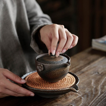 Ратанова подложка Саксия с голям кръгъл креативен материал с керамична вода Hu Dian Ръчно изработени аксесоари за чай Поднос за чай Кунг-фу Комплект за чай