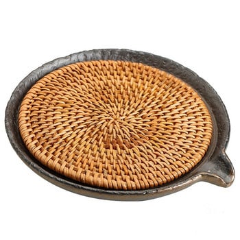 Ратанова подложка Саксия с голям кръгъл креативен материал с керамична вода Hu Dian Ръчно изработени аксесоари за чай Поднос за чай Кунг-фу Комплект за чай
