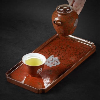 Emerald Red Tianmu Lucky Square Чаен поднос Малък правоъгълен керамичен поднос Бамбуков поднос за чай Чаена маса Чинийка Чаена маса Подноси за сервиране