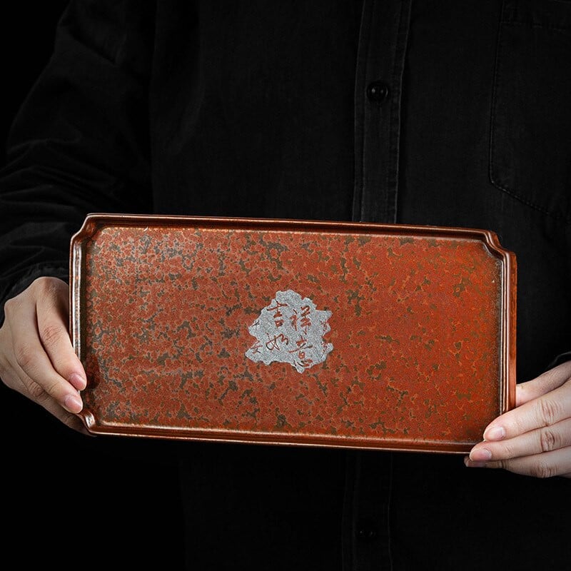 Smaragdo raudonumo Tianmu Lucky Square arbatos padėklas Mažas stačiakampis keramikinis padėklas Bambuko arbatos padėklas arbatos stalo lėkštė Arbatos stalo serviravimo padėklai