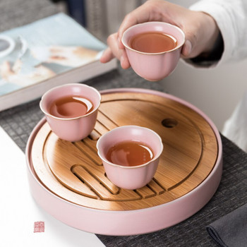 Ru Kiln Кръгли подноси за чай Бамбуков китайски декор Керамична основа за чайник Всекидневна Розови подноси Комплект за чаена церемония Kung Fu