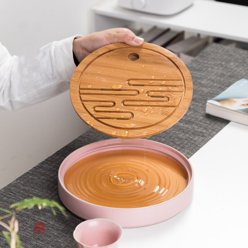 Okrúhle čajové tácky Ru Kiln, bambusové, čínske, keramické, podstavec na čajník, obývacia izba, ružové tácky, súprava na čajový obrad Kung Fu