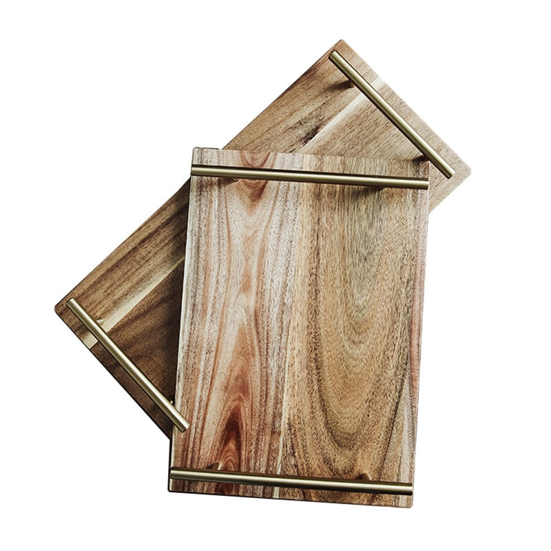 Akácfás tálcás ételtálca Fém fogantyúval Többfunkciós tárolótálca Vacsoratányérok Sushi Steak Desszertek Vitrintál