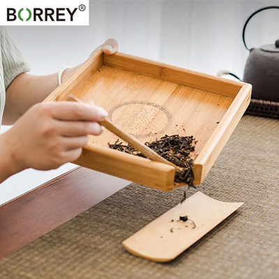 BORREY téglalap alakú bambusz tányér teástálca Puer teás csészealj Kung Fu teáskészlet Ceremónia teafelszolgáló tányér tárolótálca Teáseszközök